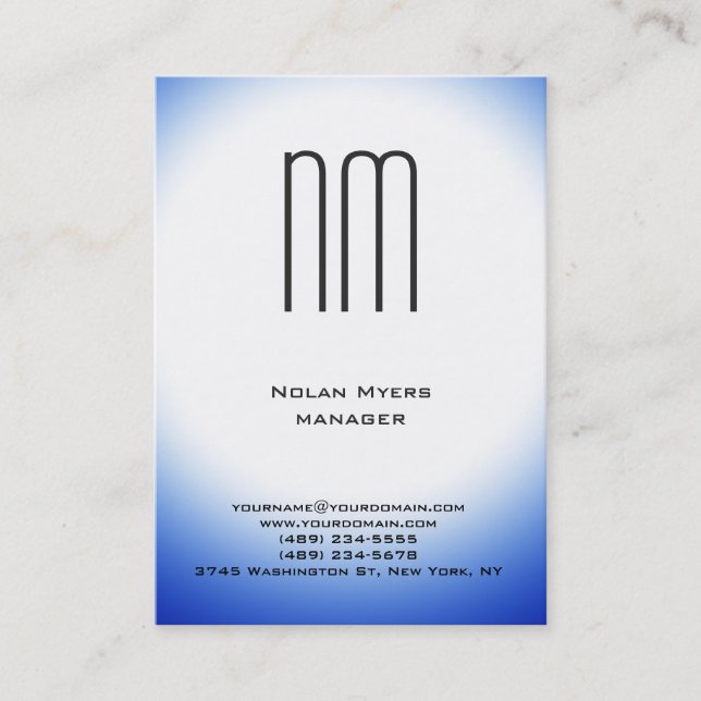 Vertical unique plain simple blue white monogram business card (Front)