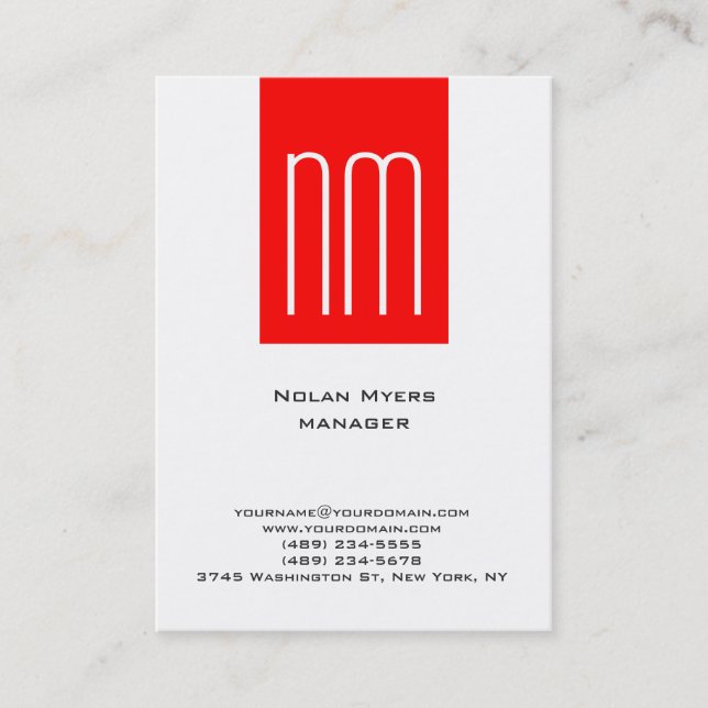Vertical unique plain simple red white monogram business card (Front)