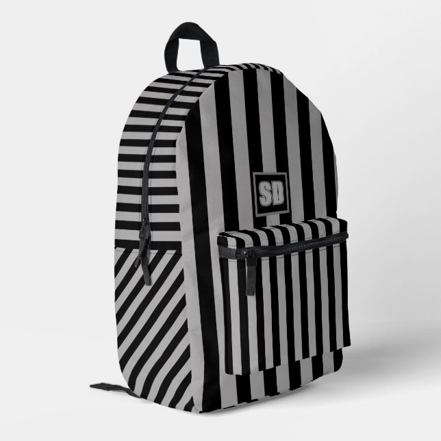  vertical wallpaper grey black stripes printed backpack (Back Corner Left)