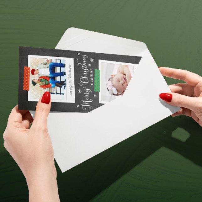 Vertical Washi Tape and Chalkboard Photo Card (Skinny two-photo Christmas card with red and green Washi tape and chalkboard lettering)