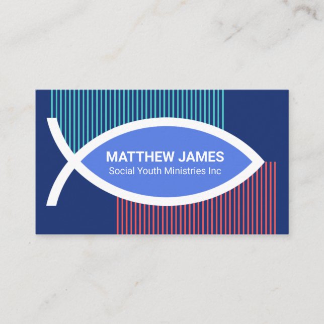 Vertical Wave Lines Ichthus Fish Social Works Business Card (Front)