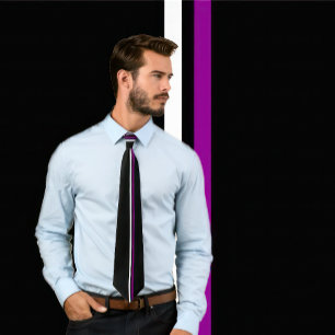 Vertical White and Purple Stripes on Black Necktie