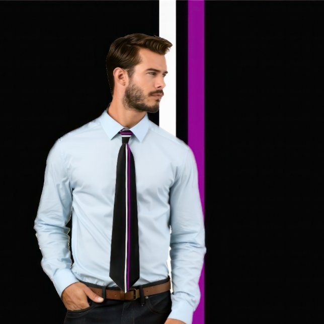 Vertical White and Purple Stripes on Black Necktie (Man wears a tie with 2 thin vertical stripes in purple in white on black.)