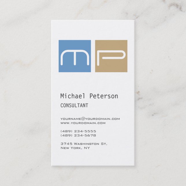 Vertical White Blue Beige Monogram Business Card (Front)