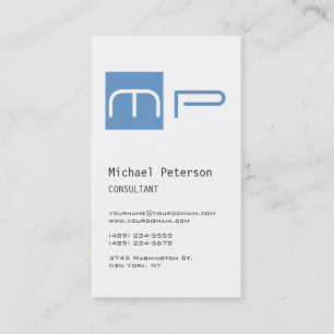 Vertical White Blue Stripe Monogram Business Card