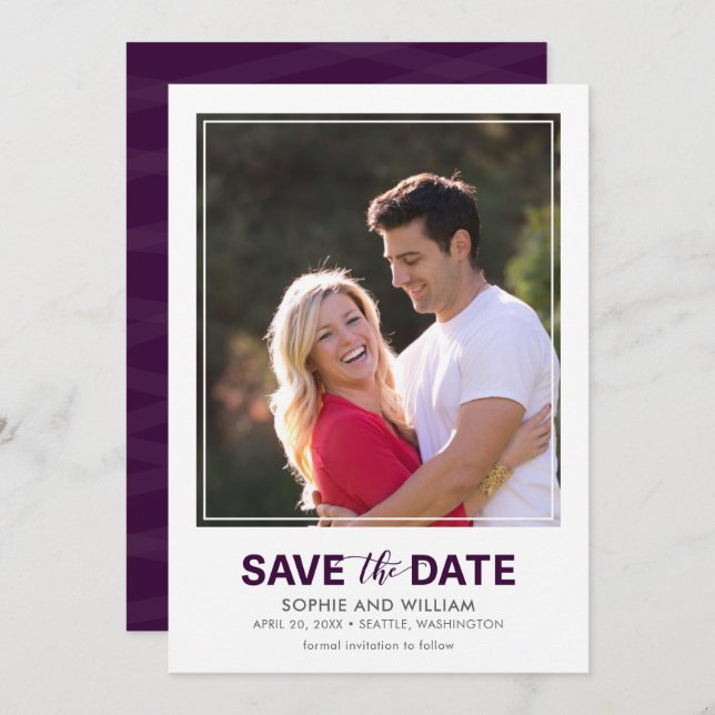 Vertical White Border Purple Save the Date Photo (Front/Back)