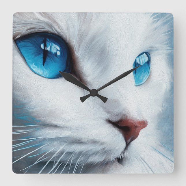 Vertical white cat with blue eyes square wall clock (Front)