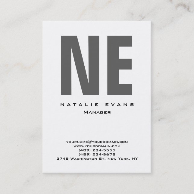 Vertical white plain simple huge monogram clean business card (Front)