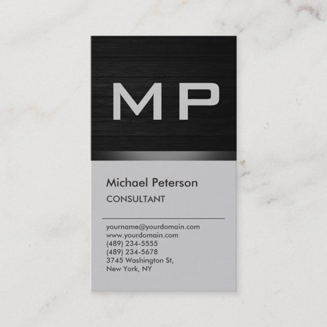Vertical Wood Effect Grey Monogram Business Card (Front)