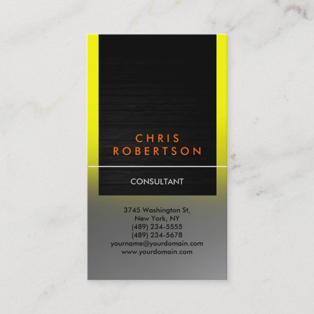Vertical Yellow Grey Wood Pattern Business Card (Front)
