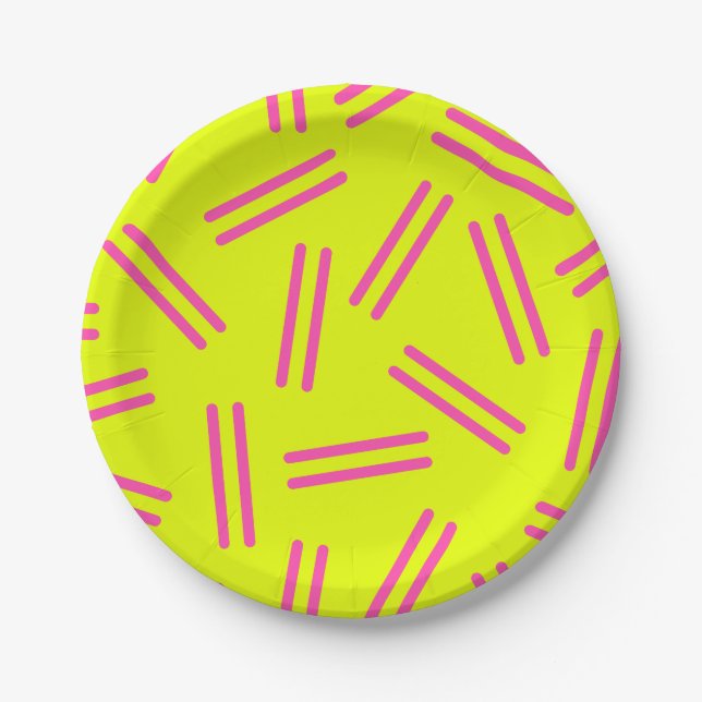Very 80s Retro Pattern Neon Yellow Magenta Pink Paper Plate (Front)