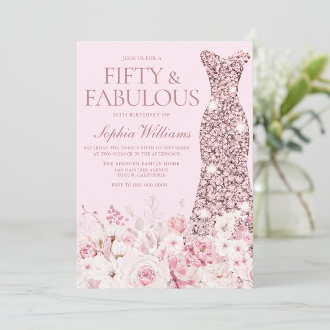 Very Blush Floral Rose Gold Dress 50th Birthday Invitation (Standing Front)