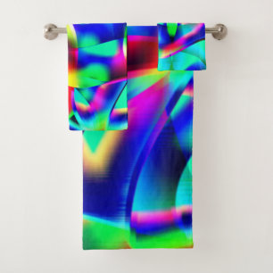 Very colourful curved shapes, green prevails over. bath towel set