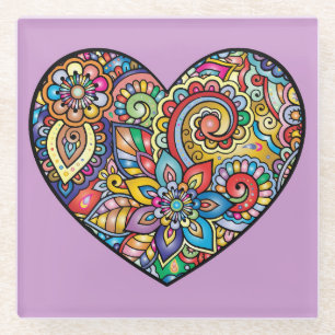 Very Colourful Mosaic and Floral Heart Glass Coaster