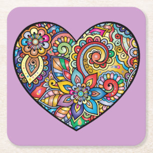 Very Colourful Mosaic and Floral Heart Square Paper Coaster