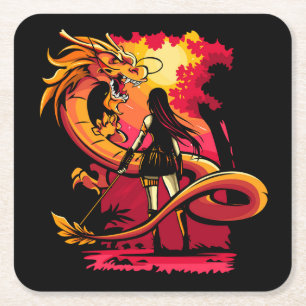 Very Cool and Colorful Dragon Slayer Drawing Square Paper Coaster