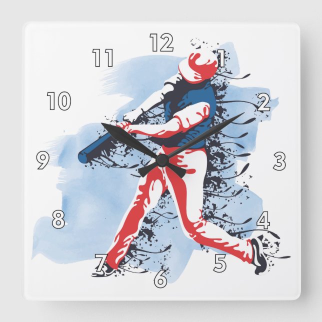 Very Cool and Colourful Baseball Player Swinging Square Wall Clock (Front)