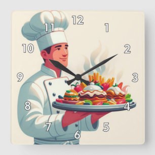 Very Cool and Colourful Perfect Chef Carrying Food Square Wall Clock