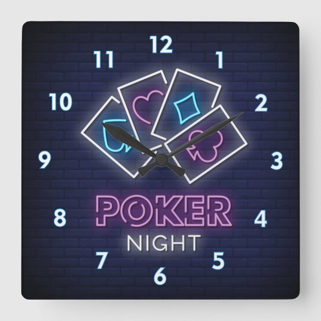Very Cool and Colourful Simulated Neon Poker Night Square Wall Clock (Front)