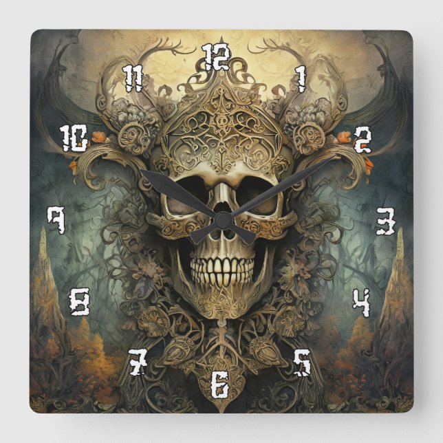 Very Cool Artistic Skull Square Wall Clock (Front)