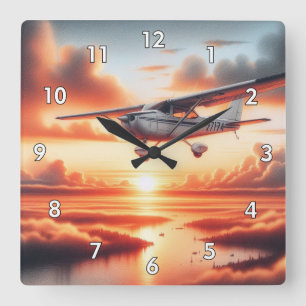 Very Cool Cessna Aeroplane in the Air at Sunset Square Wall Clock