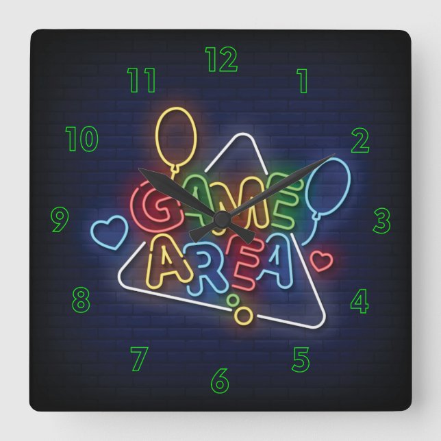 Very Cool & Colourful Simulated Neon Sign Game Are Square Wall Clock (Front)