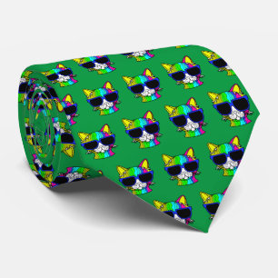 Very Cool Rainbow Cat Pattern on Green Tie