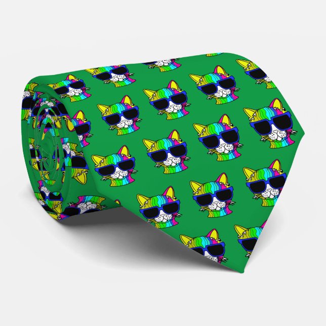 Very Cool Rainbow Cat Pattern on Green Tie (Rolled)