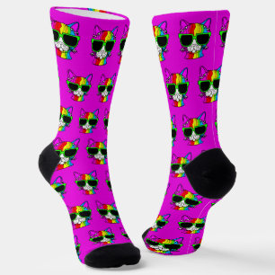 Very Cool Rainbow Cat Pattern on Hot Pink  Socks