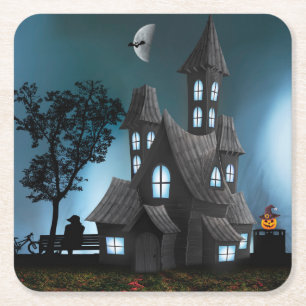 Very Cool Scary Halloween Cartoon House Square Paper Coaster