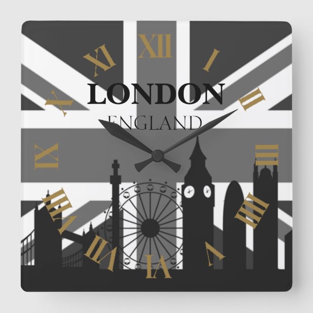 Very Cool Trendy Black Grey London Union Jack Square Wall Clock (Front)