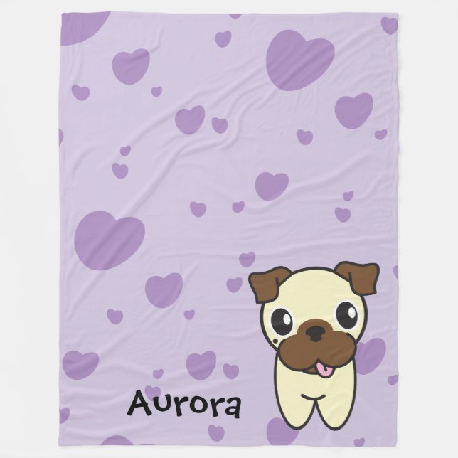 Very Cute Aurora the Pug Purple Heart Fleece Blanket (Front)