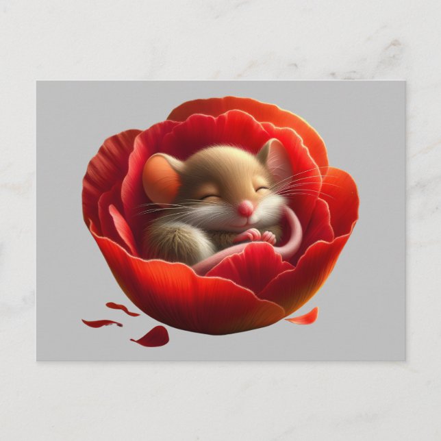 Very Cute Baby Mouse Sleeping in the Poppy Postcard (Front)