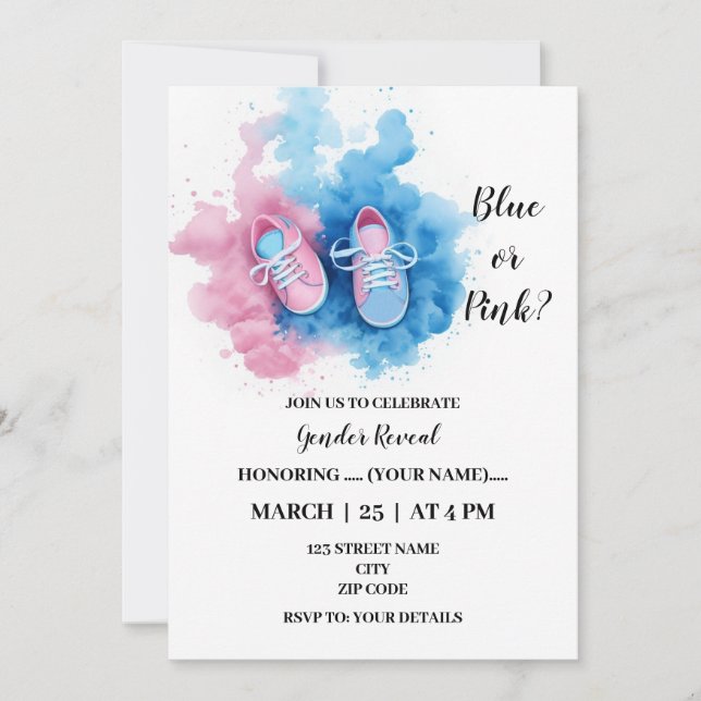 Very cute baby shoes gender reveal invitation (Front)