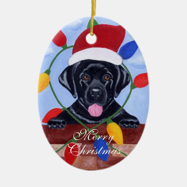 Very Cute  Black Labrador Puppy Christmas Ceramic Tree Decoration (Front)
