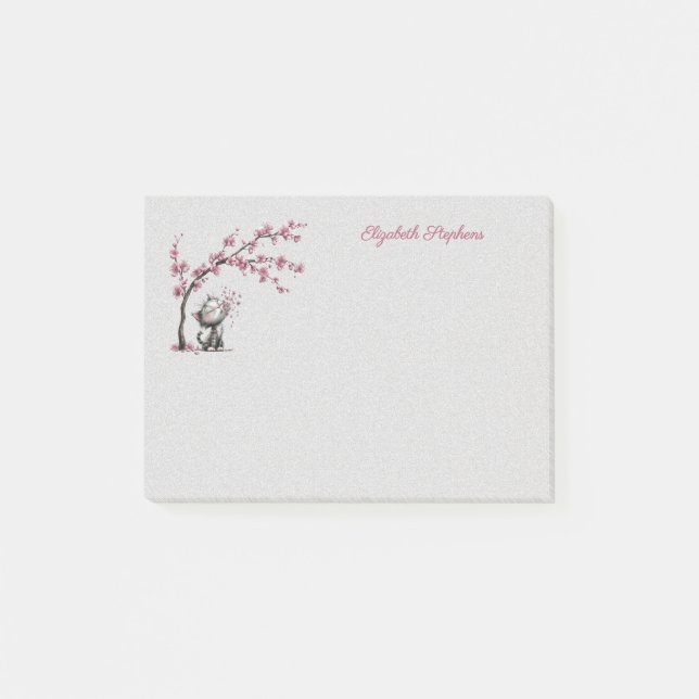 Very Cute Cat and Cherry Blossoms Post it Notes (Front)