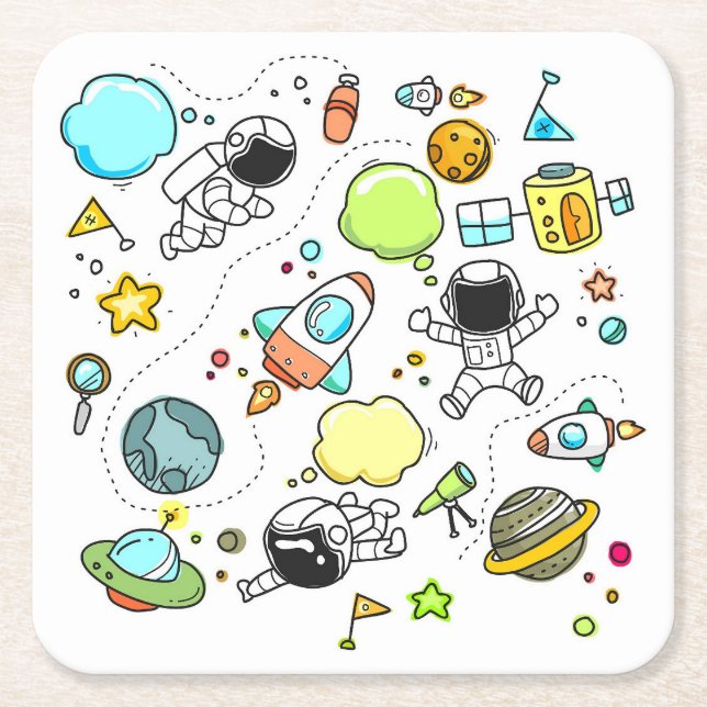 Very Cute Children's Space Doodle Square Paper Coaster (Front)