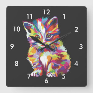 Very Cute & Colourful Little Kitten Drawing Square Wall Clock