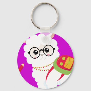 Very cute l Llama with backpack pink Key Ring