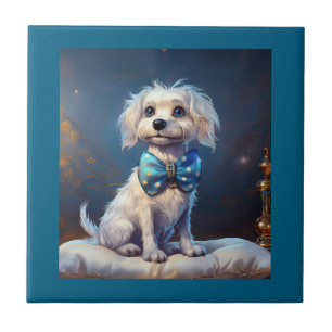Very Cute Lil Doggie With Blue Bow Tie Tile