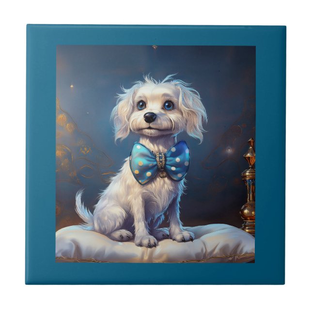 Very Cute Lil Doggie With Blue Bow Tie Tile (Front)