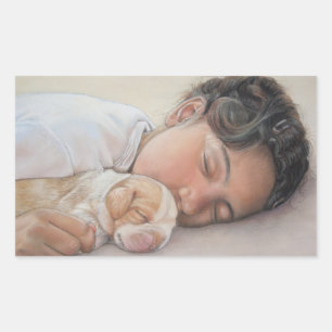 very cute picture of child and beagle puppy  rectangular sticker