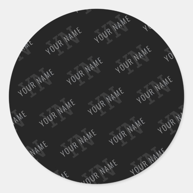 Very Dark Grey & Black Monogram Name Pattern Classic Round Sticker (Front)