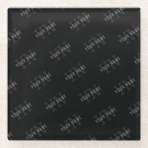 Very Dark Grey & Black Monogram Name Pattern Glass Coaster