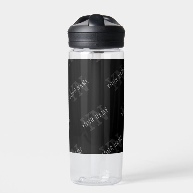 Very Dark Grey & Black Monogram Name Pattern Water Bottle (Front)