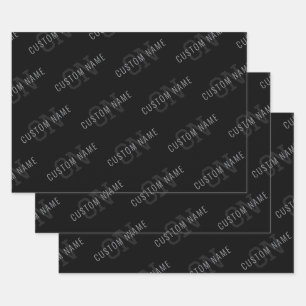 Very Dark Grey & Black Monogram Name Pattern Wrapping Paper Sheet