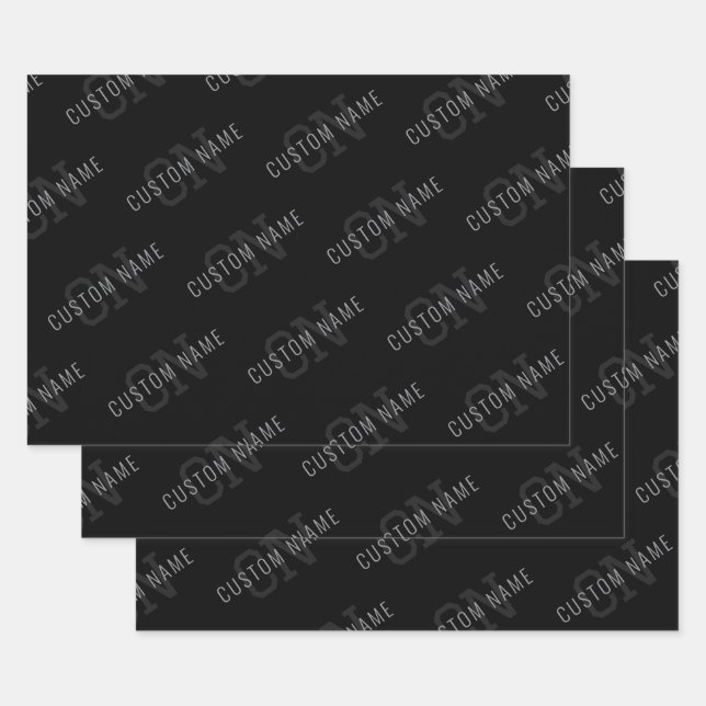 Very Dark Grey & Black Monogram Name Pattern Wrapping Paper Sheet (Set)