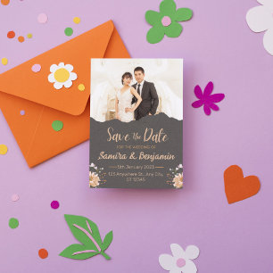 Very Dark Orange Minimalist Photo Wedding Save the Invitation