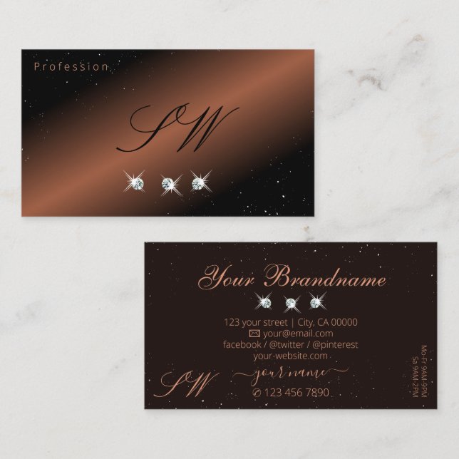 Very Elegant Black Brown Sparkle Diamonds Monogram Business Card (Front/Back)