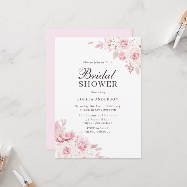 Very Elegant Blush Watercolor Floral Bridal Shower Invitation (Front/Back In Situ)